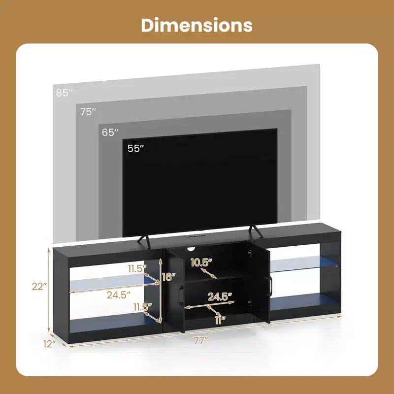 Meuble TV avec prises de courant, lumières LED réglables, meuble de rangement pour TV jusqu'à 85 pouces, noir/blanc