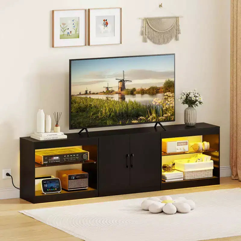 Meuble TV avec prises de courant, lumières LED réglables, meuble de rangement pour TV jusqu'à 85 pouces, noir/blanc