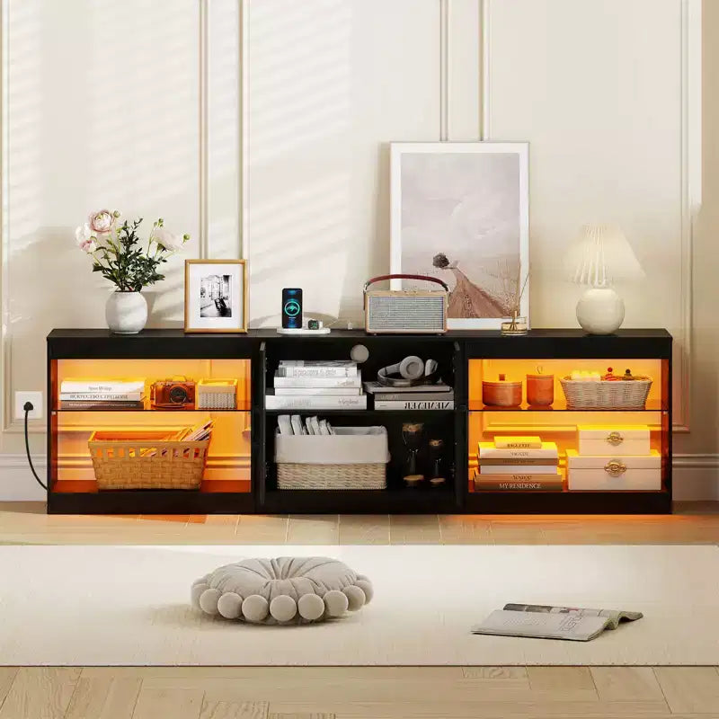 Meuble TV avec prises de courant, lumières LED réglables, meuble de rangement pour TV jusqu'à 85 pouces, noir/blanc