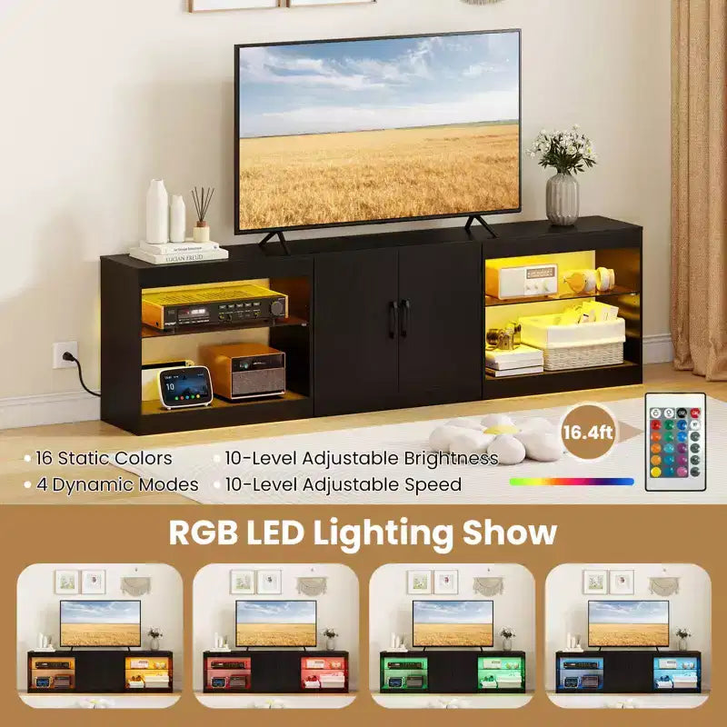 Meuble TV avec prises de courant, lumières LED réglables, meuble de rangement pour TV jusqu'à 85 pouces, noir/blanc