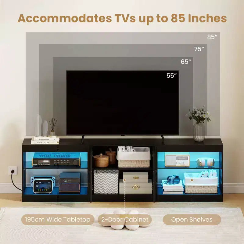 Meuble TV avec prises de courant, lumières LED réglables, meuble de rangement pour TV jusqu'à 85 pouces, noir/blanc