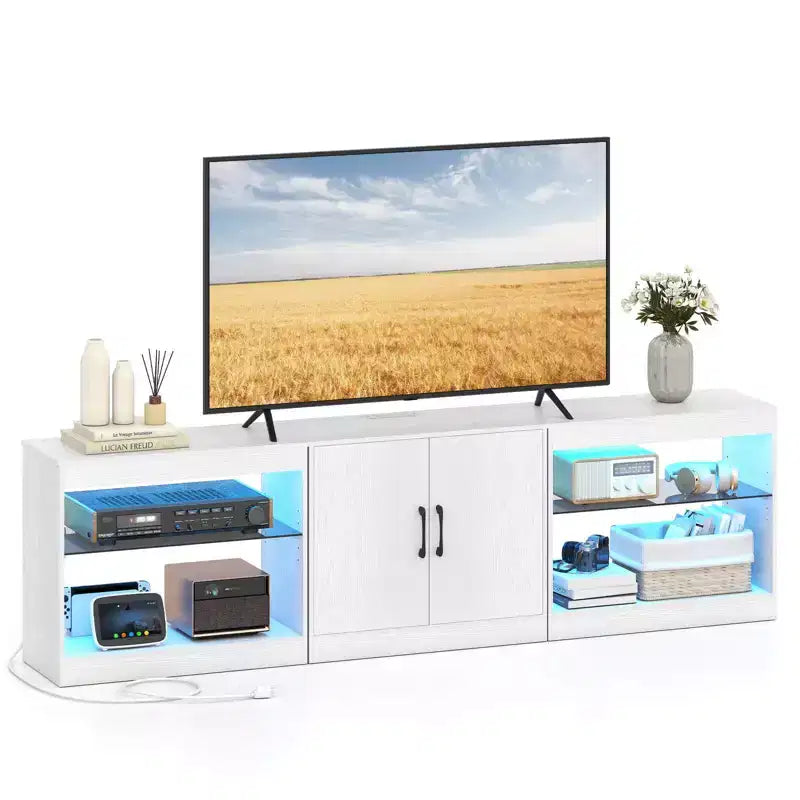 Meuble TV avec prises de courant, lumières LED réglables, meuble de rangement pour TV jusqu'à 85 pouces, noir/blanc