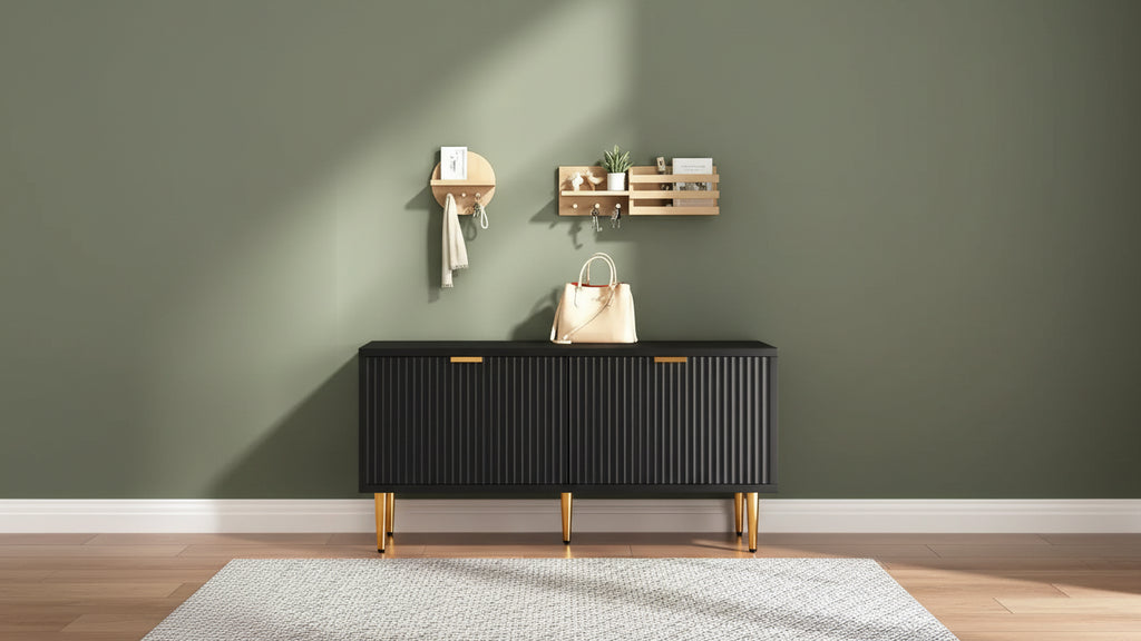 Meuble à chaussures, banc d'entrée cannelé à 2 portes, banc de rangement à chaussures pour couloir, salon, chambre à coucher
