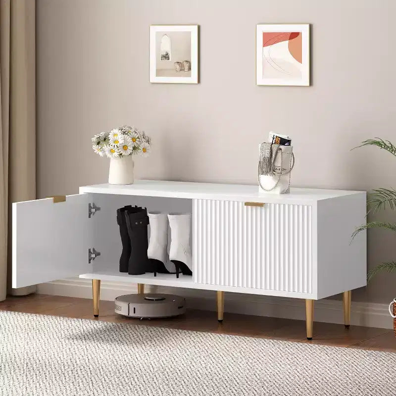 Meuble à chaussures, banc d'entrée cannelé à 2 portes, banc de rangement à chaussures pour couloir, salon, chambre à coucher