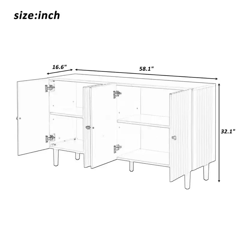 Bahut moderne et élégant avec 4 portes à motif ondulé et pieds cylindriques, meuble de rangement de 58 po avec étagères réglables, accent d'entrée