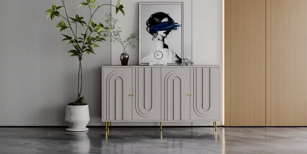 Bahut de Rangement avec 4 Portes, Pieds en Métal, Étagères Réglables, Meuble en Bois, Buffet de Service pour Cuisine