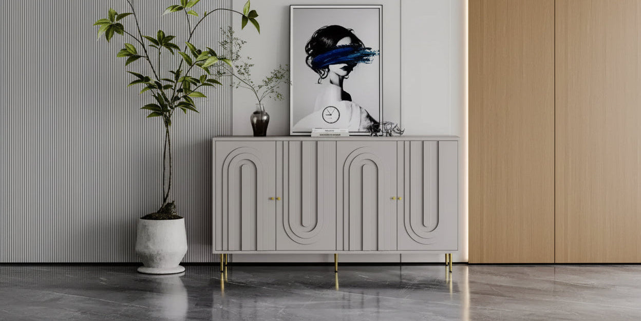 Bahut de Rangement avec 4 Portes, Pieds en Métal, Étagères Réglables, Meuble en Bois, Buffet de Service pour Cuisine