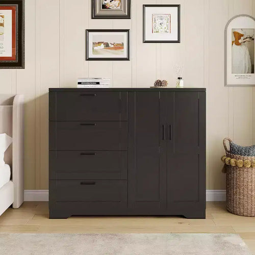 Commode de Rangement Noire de 109,9 cm avec 4 Tiroirs et Tringle à Vêtements, Organiseur Multifonctionnel pour Chambre à Coucher, Montage Facile