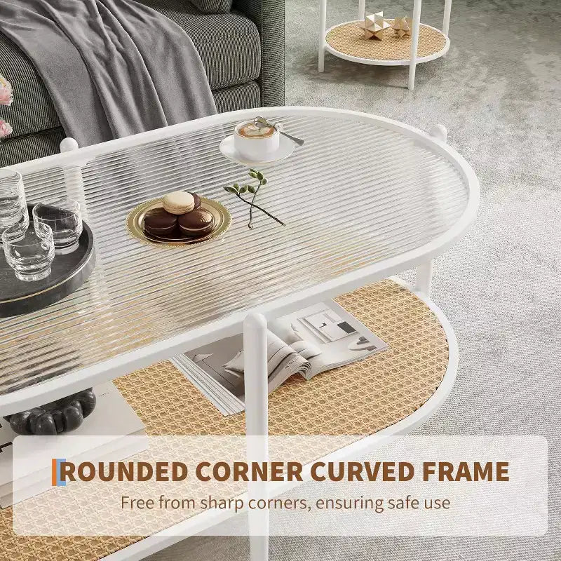 Table basse bohème en rotin avec plateau en verre, Table d'appoint ovale à 2 niveaux avec cadre en métal et étagère de rangement inférieure, Table d'appoint rustique de style ferme pour salon