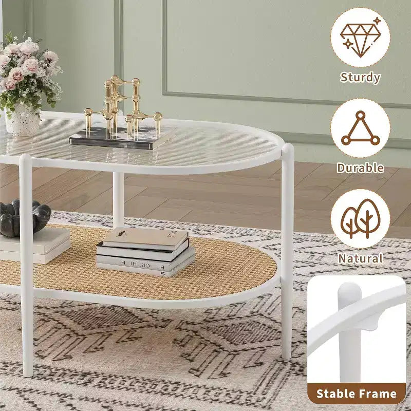 Table basse bohème en rotin avec plateau en verre, Table d'appoint ovale à 2 niveaux avec cadre en métal et étagère de rangement inférieure, Table d'appoint rustique de style ferme pour salon