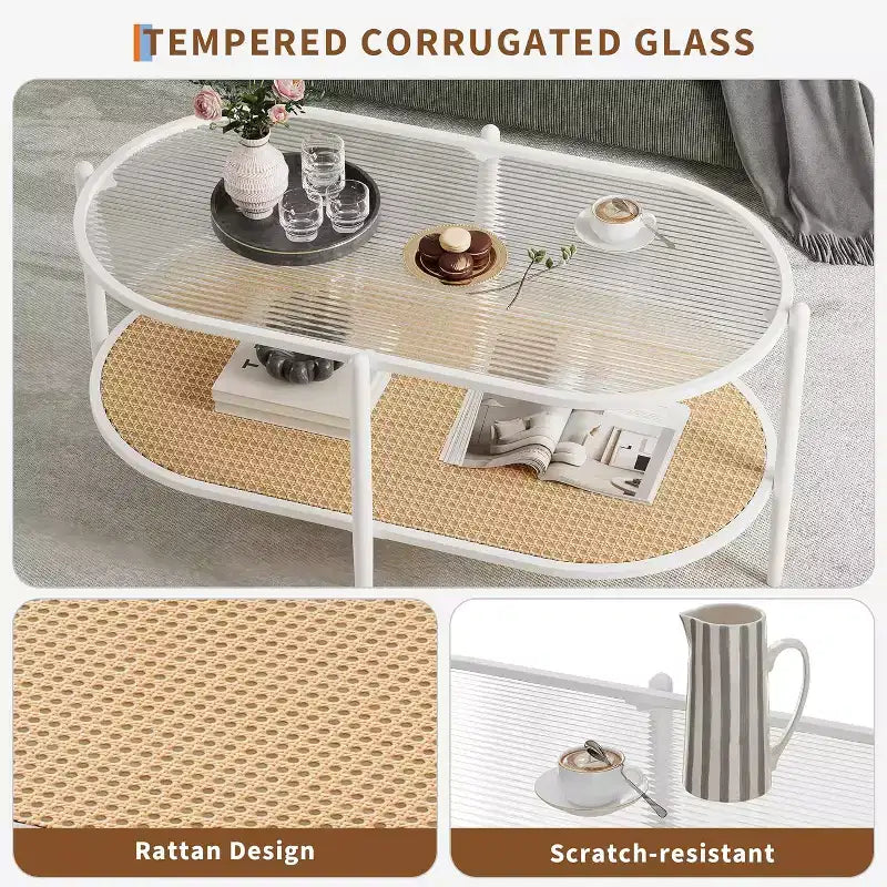 Table basse bohème en rotin avec plateau en verre, Table d'appoint ovale à 2 niveaux avec cadre en métal et étagère de rangement inférieure, Table d'appoint rustique de style ferme pour salon