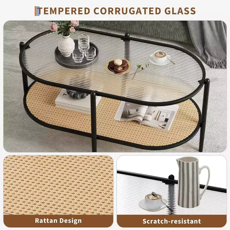 Table basse bohème en rotin avec plateau en verre, Table d'appoint ovale à 2 niveaux avec cadre en métal et étagère de rangement inférieure, Table d'appoint rustique de style ferme pour salon