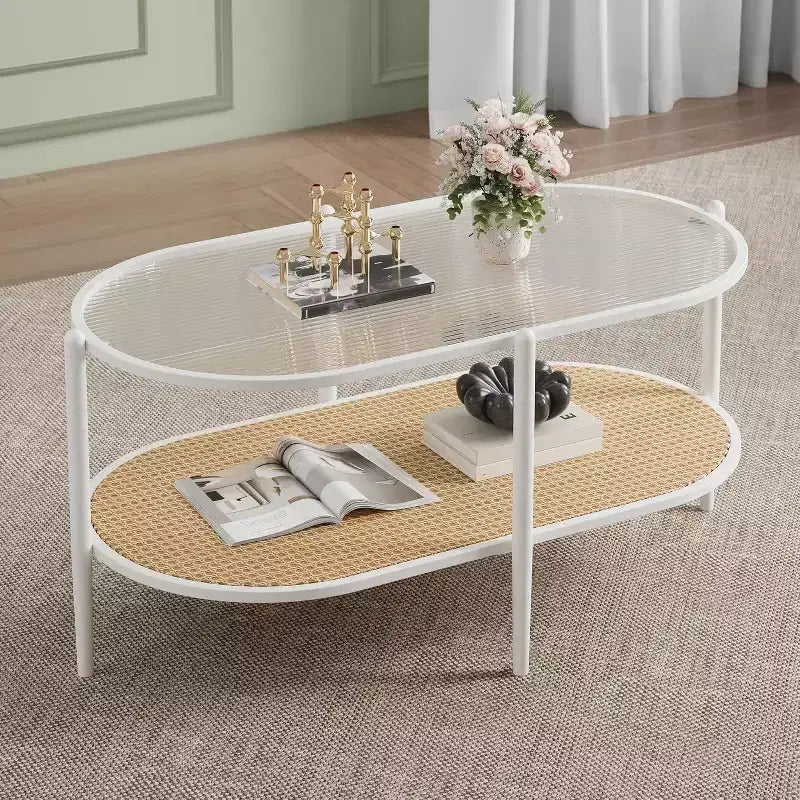 Table basse bohème en rotin avec plateau en verre, Table d'appoint ovale à 2 niveaux avec cadre en métal et étagère de rangement inférieure, Table d'appoint rustique de style ferme pour salon
