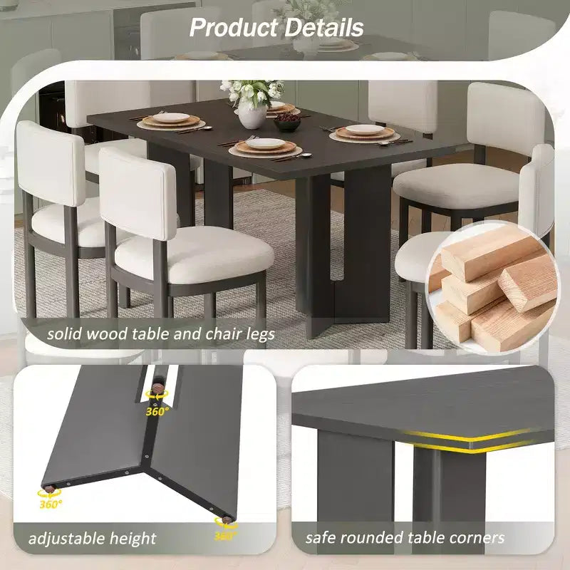 Table à manger rectangulaire de 60 pouces, Table de salle à manger en bois de style ferme avec pieds de table découpés