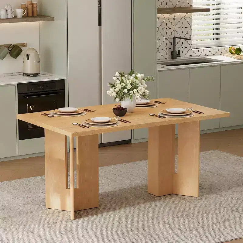 Table à manger rectangulaire de 60 pouces, Table de salle à manger en bois de style ferme avec pieds de table découpés