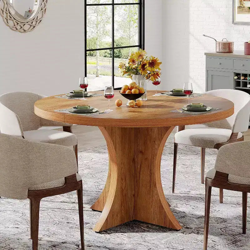Table de salle à manger ronde de 120 cm pour 4 à 6 personnes, table de cuisine de style campagnard avec pied central, petite table à manger pour salle à manger, salon, marron