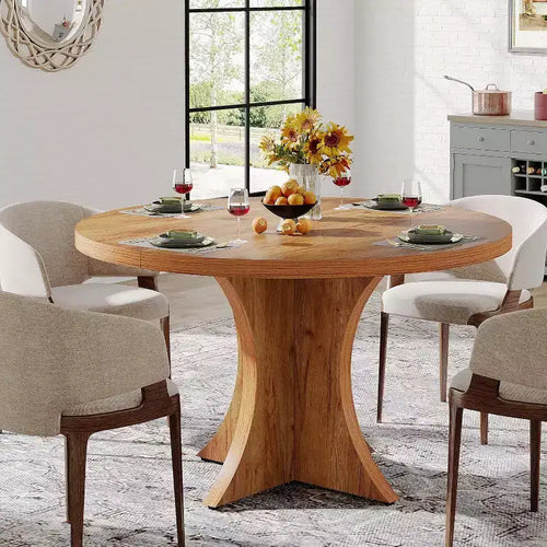 Table de salle à manger ronde de 120 cm pour 4 à 6 personnes, table de cuisine de style campagnard avec pied central, petite table à manger pour salle à manger, salon, marron