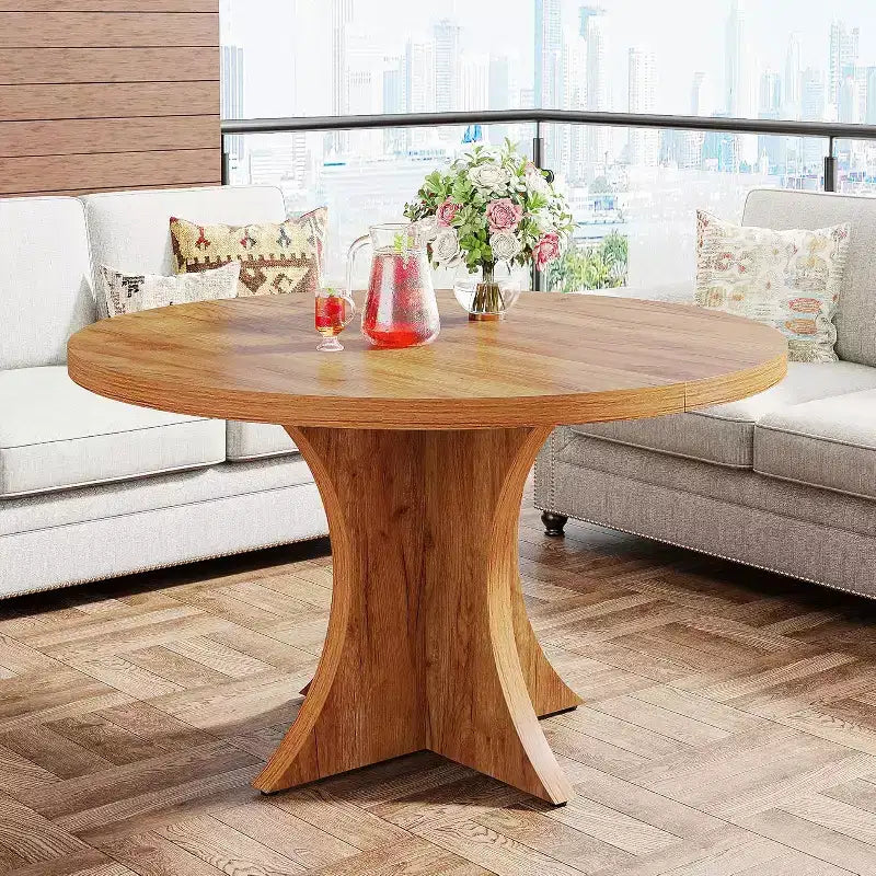 Table de salle à manger ronde de 120 cm pour 4 à 6 personnes, table de cuisine de style campagnard avec pied central, petite table à manger pour salle à manger, salon, marron