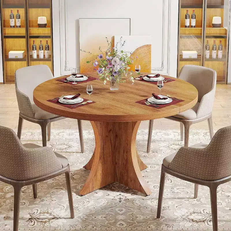 Table de salle à manger ronde de 120 cm pour 4 à 6 personnes, table de cuisine de style campagnard avec pied central, petite table à manger pour salle à manger, salon, marron
