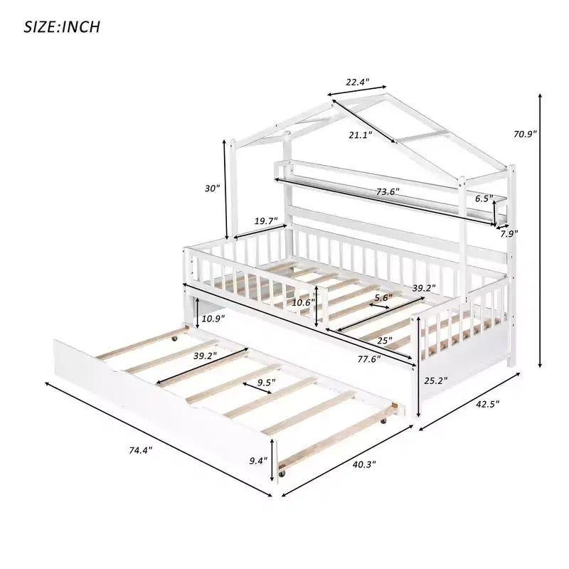 Lit cabane en bois, taille double, lit enfant avec lit gigogne, étagère, barrières de sécurité