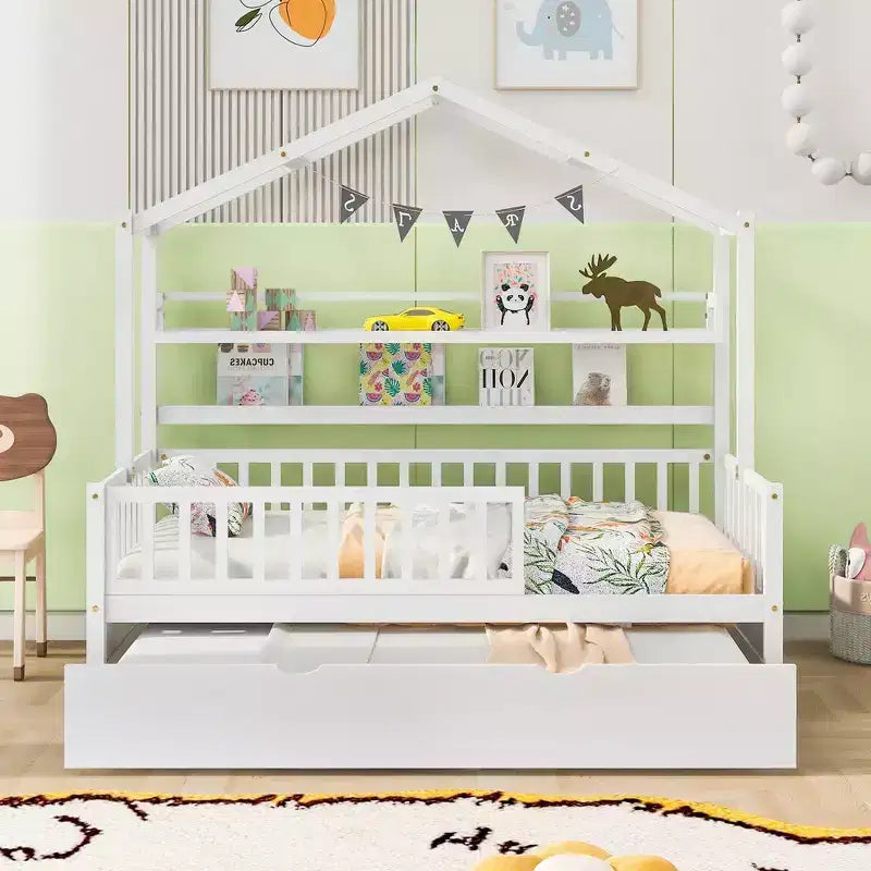 Lit cabane en bois, taille double, lit enfant avec lit gigogne, étagère, barrières de sécurité