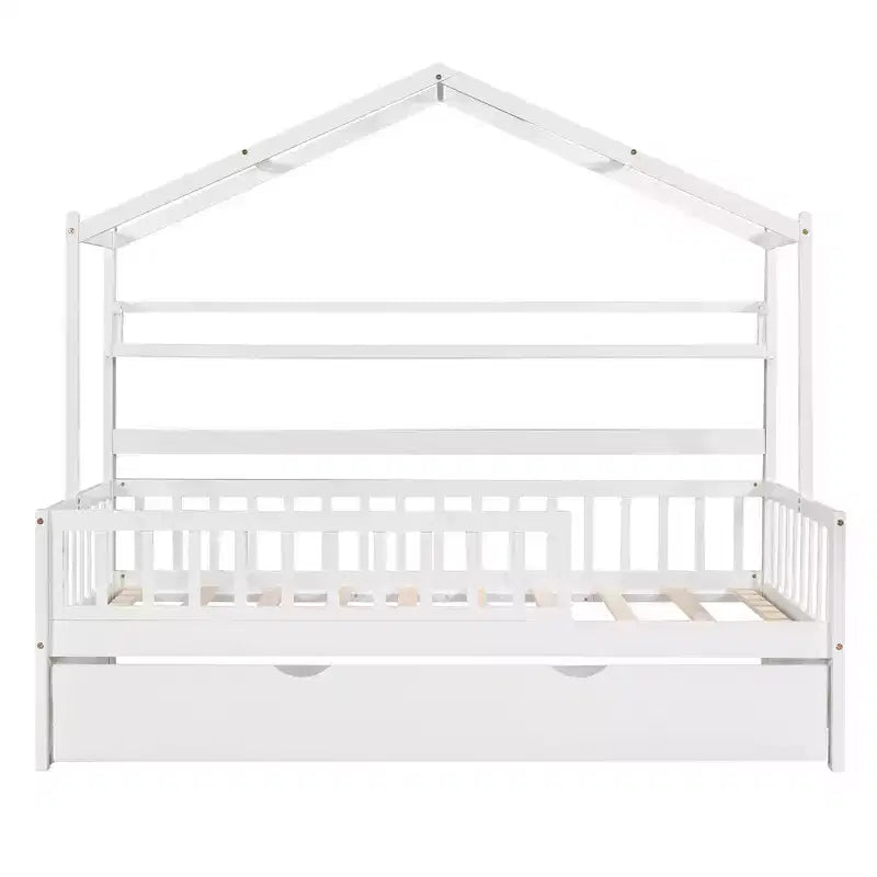 Lit cabane en bois, taille double, lit enfant avec lit gigogne, étagère, barrières de sécurité