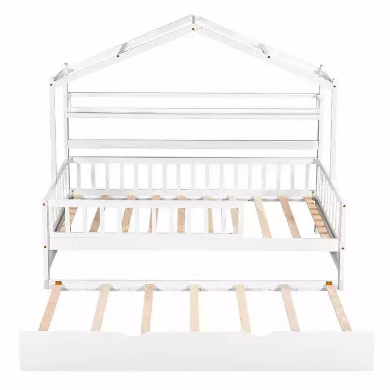 Lit cabane en bois, taille double, lit enfant avec lit gigogne, étagère, barrières de sécurité