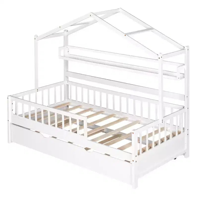 Lit cabane en bois, taille double, lit enfant avec lit gigogne, étagère, barrières de sécurité