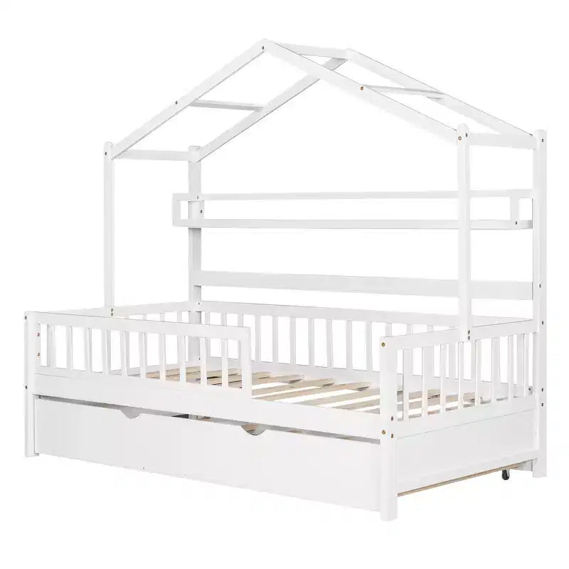 Lit cabane en bois, taille double, lit enfant avec lit gigogne, étagère, barrières de sécurité