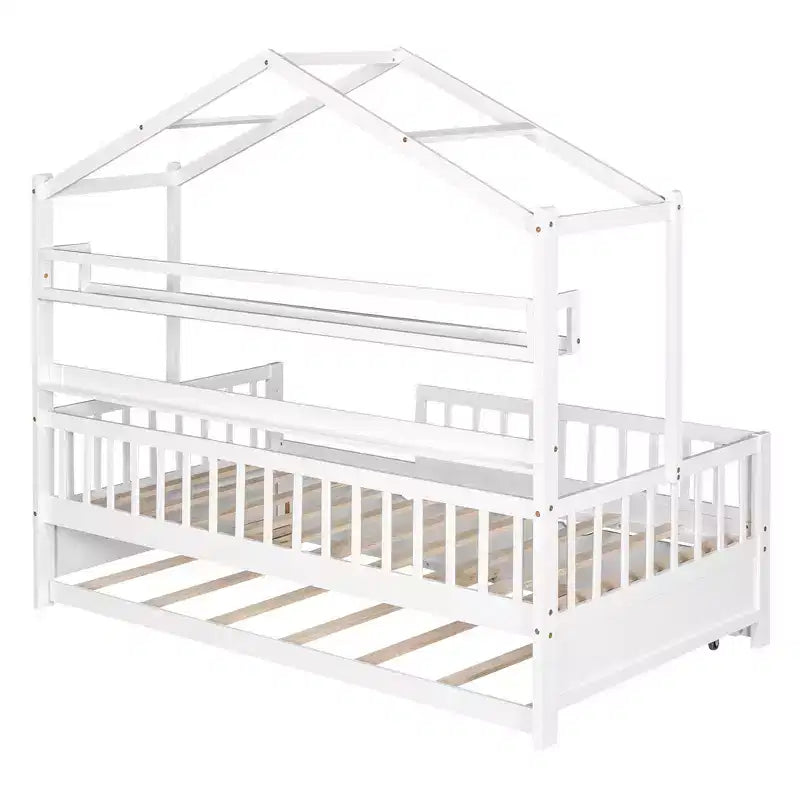 Lit cabane en bois, taille double, lit enfant avec lit gigogne, étagère, barrières de sécurité