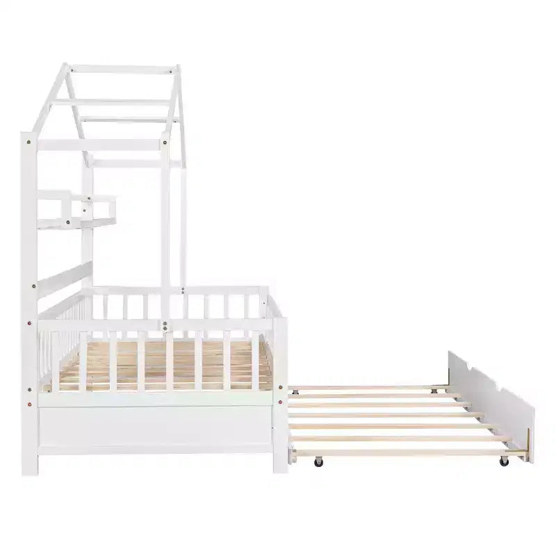 Lit cabane en bois, taille double, lit enfant avec lit gigogne, étagère, barrières de sécurité
