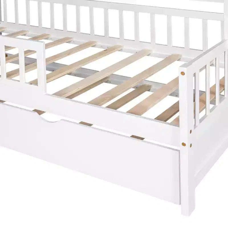 Lit cabane en bois, taille double, lit enfant avec lit gigogne, étagère, barrières de sécurité