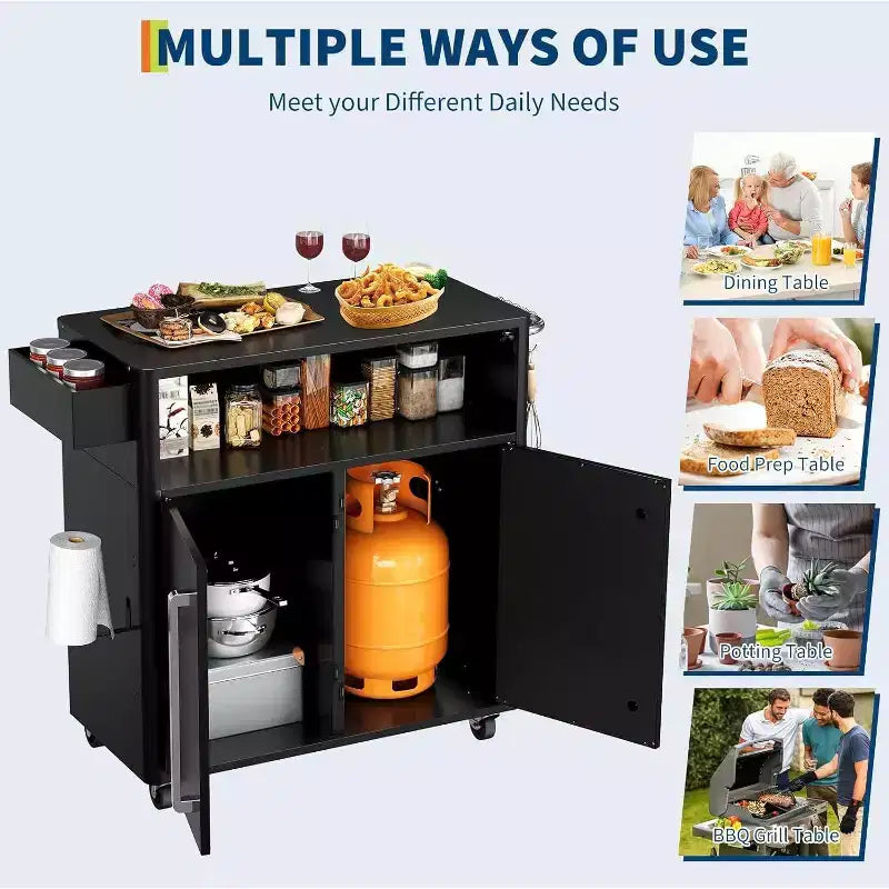 Chariot de service avec rangement, îlot de cuisine en acier inoxydable avec armoire, étagères ouvertes, crochets et porte-épices, chariot de barbecue pour l'intérieur et l'extérieur