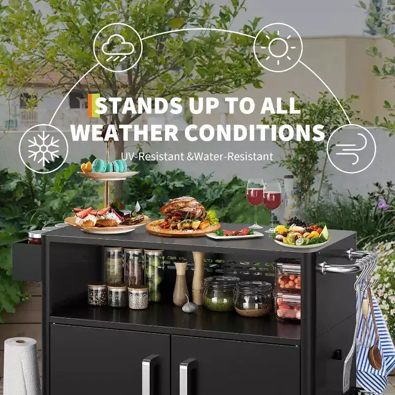 Chariot de service avec rangement, îlot de cuisine en acier inoxydable avec armoire, étagères ouvertes, crochets et porte-épices, chariot de barbecue pour l'intérieur et l'extérieur