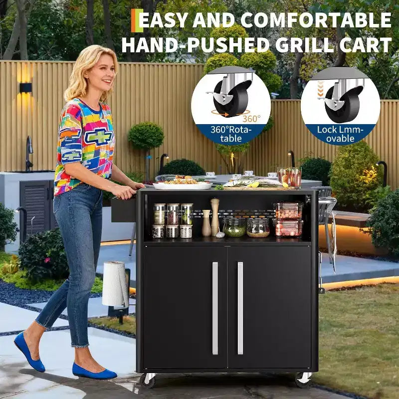 Chariot de service avec rangement, îlot de cuisine en acier inoxydable avec armoire, étagères ouvertes, crochets et porte-épices, chariot de barbecue pour l'intérieur et l'extérieur