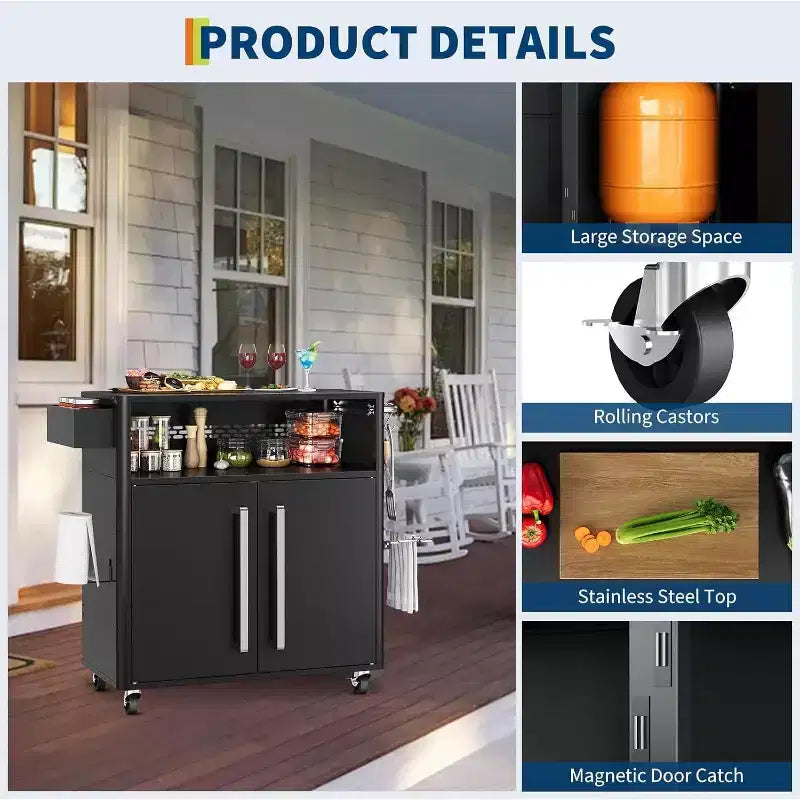Chariot de service avec rangement, îlot de cuisine en acier inoxydable avec armoire, étagères ouvertes, crochets et porte-épices, chariot de barbecue pour l'intérieur et l'extérieur