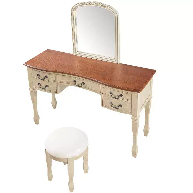 Coiffeuse vintage avec miroir à cadre floral incurvé, 5 tiroirs et tabouret assorti, marron et blanc antique