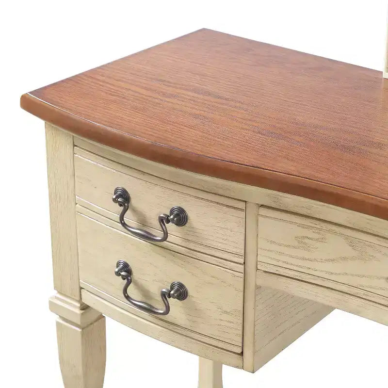Coiffeuse vintage avec miroir à cadre floral incurvé, 5 tiroirs et tabouret assorti, marron et blanc antique