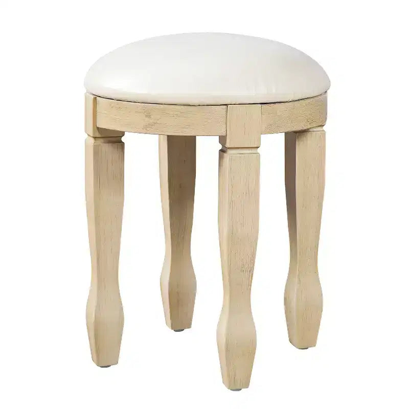 Coiffeuse vintage avec miroir à cadre floral incurvé, 5 tiroirs et tabouret assorti, marron et blanc antique