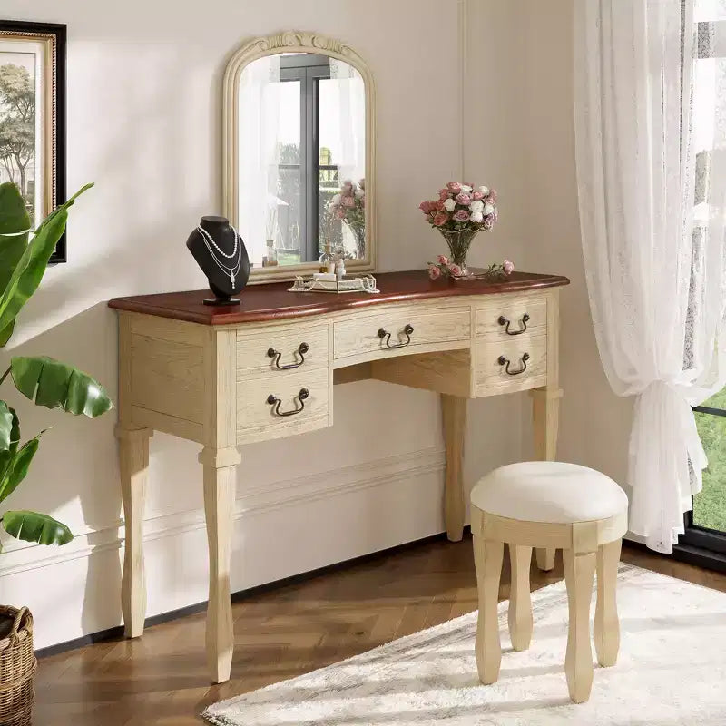 Coiffeuse vintage avec miroir à cadre floral incurvé, 5 tiroirs et tabouret assorti, marron et blanc antique