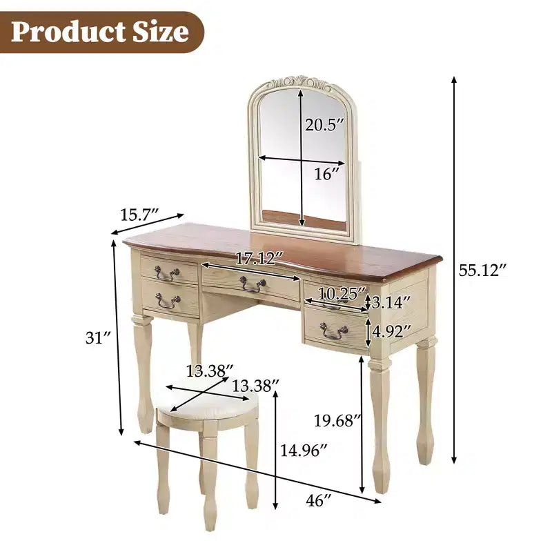 Coiffeuse vintage avec miroir à cadre floral incurvé, 5 tiroirs et tabouret assorti, marron et blanc antique