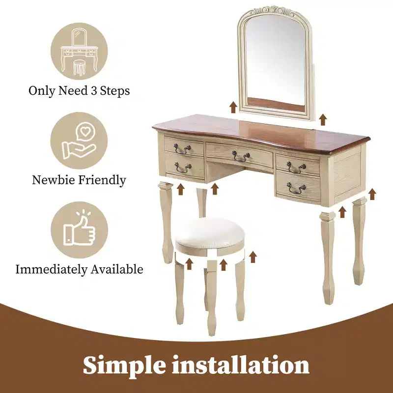 Coiffeuse vintage avec miroir à cadre floral incurvé, 5 tiroirs et tabouret assorti, marron et blanc antique