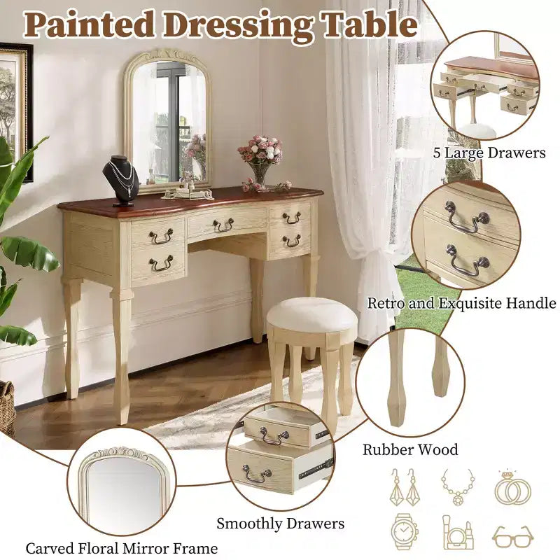 Coiffeuse vintage avec miroir à cadre floral incurvé, 5 tiroirs et tabouret assorti, marron et blanc antique