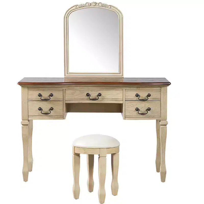 Coiffeuse vintage avec miroir à cadre floral incurvé, 5 tiroirs et tabouret assorti, marron et blanc antique