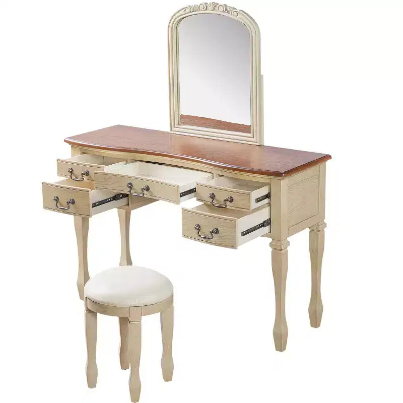 Coiffeuse vintage avec miroir à cadre floral incurvé, 5 tiroirs et tabouret assorti, marron et blanc antique