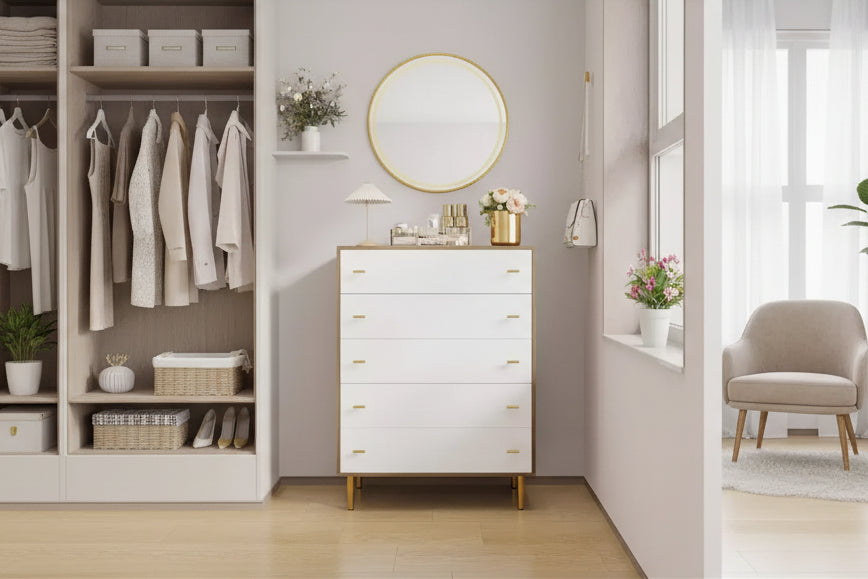 Commode de chambre à 5 tiroirs de style ferme, commode haute de 112 cm en bois rustique avec grands tiroirs et poignées barres, organisateur de tiroirs pour le salon
