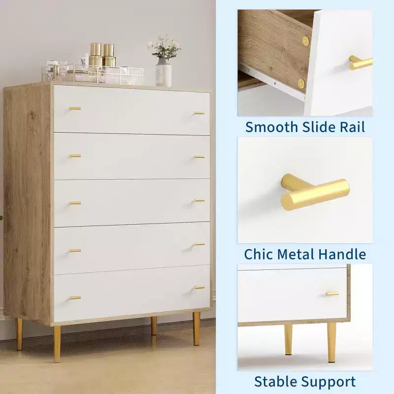 Commode de chambre à 5 tiroirs de style ferme, commode haute de 112 cm en bois rustique avec grands tiroirs et poignées barres, organisateur de tiroirs pour le salon