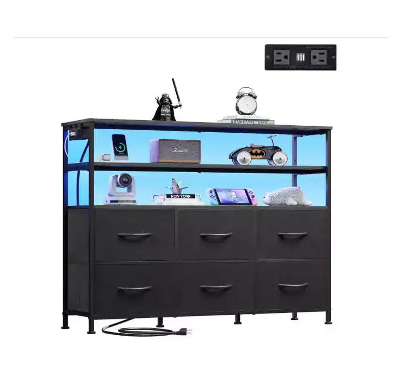 MAYEERTY 39-Inch TV Stand for 45-Inch TVs, RGB LED Charging Station 6 Fabric Drawers