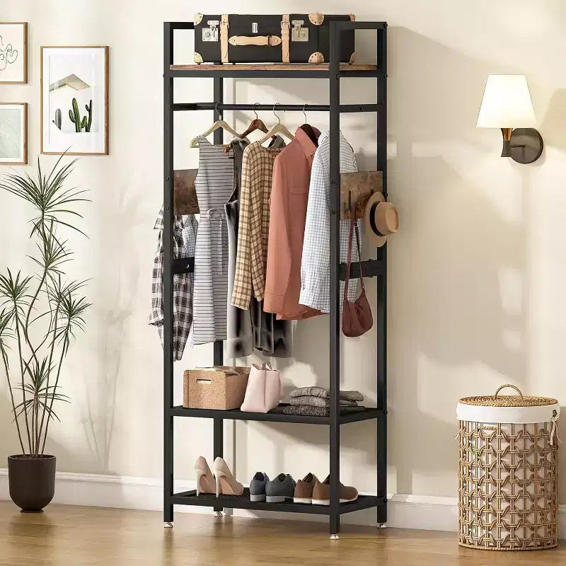 Portant à vêtements robuste de 175 cm : Organisateur de penderie autonome avec étagères de rangement ouvertes et crochets, marron et noir pour chambre à coucher