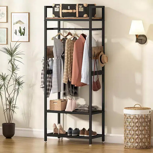Portant à vêtements robuste de 175 cm : Organisateur de penderie autonome avec étagères de rangement ouvertes et crochets, marron et noir pour chambre à coucher